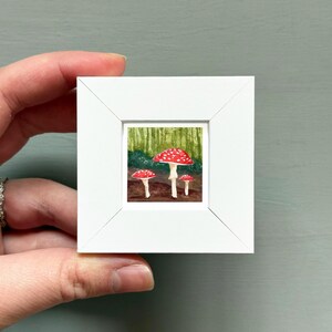 Miniature Red Mushroom Amanita muscaria Toad Art PRINT - Tiny Watercolor 1-Inch Mini Wall Decor White Frame