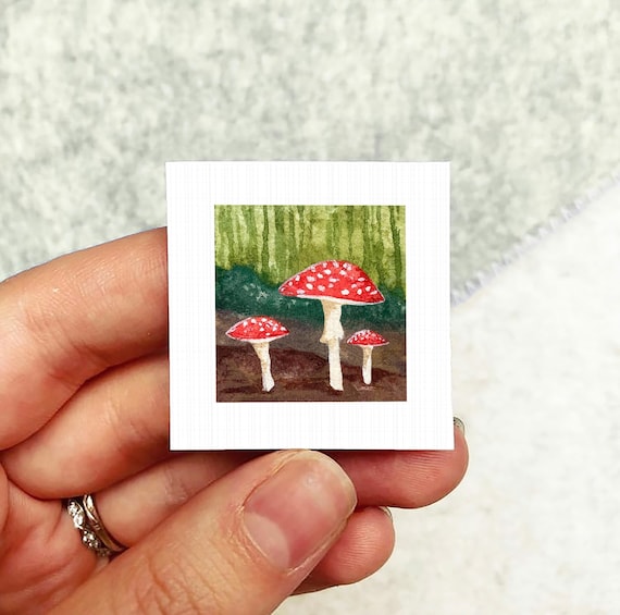 Mini 1" Red Mushroom Amanita muscaria Toad Print Tiny Watercolor Art PRINT