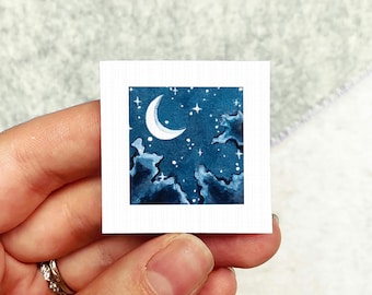 Miniature Crescent Moon Galaxy Night Art PRINT - Tiny Watercolor 1-Inch Mini Wall Decor