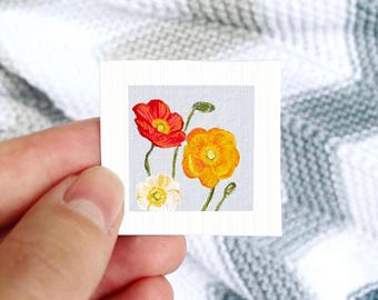 Miniature Poppies August Birth Flower Art PRINT - Tiny Floral Watercolor 1-Inch Mini Wall Decor