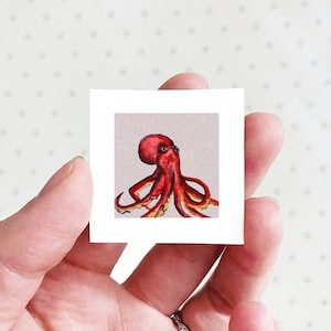 Mini 1&quot; Octopus Animal Print Tiny Watercolor  Art PRINT