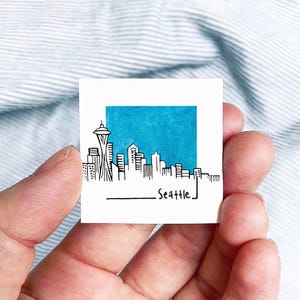 Miniature Seattle, Washington Skyline Art PRINT - Tiny City Watercolor 1.5-Inch Mini Wall Decor