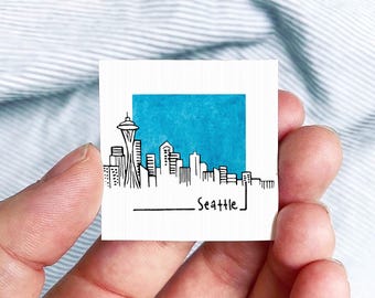Miniature Seattle, Washington Skyline Art PRINT - Tiny City Watercolor 1.5-Inch Mini Wall Decor