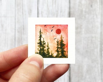 Mini 1" Pine Tree Forest Sunset Tiny Watercolor Landscape  Art PRINT