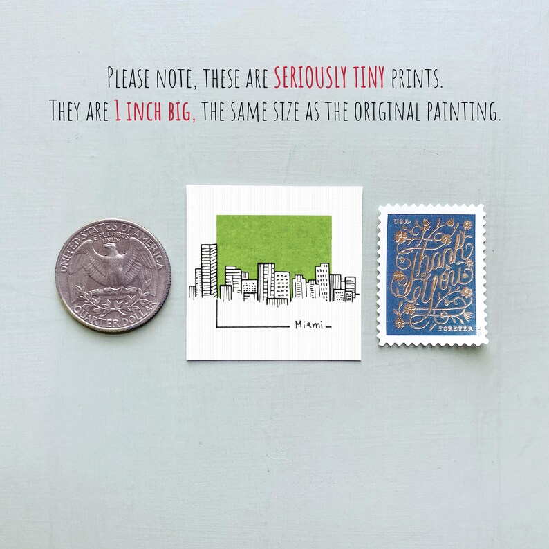 Miniature Miami, Florida Skyline Art PRINT - Tiny City Watercolor 1.5-Inch Mini Wall Decor Not Framed