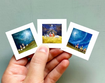Miniature Nativity, Wise Men, and Shepherds Art Print Set of 3 - Tiny 1-Inch Mini Wall Decor