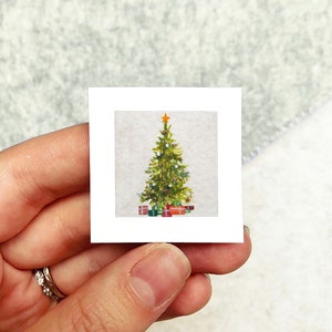 Mini 1&quot; Christmas Tree Lights Presents Winter Scene Snowy Holiday Ornament Print Tiny Watercolor  Art PRINT