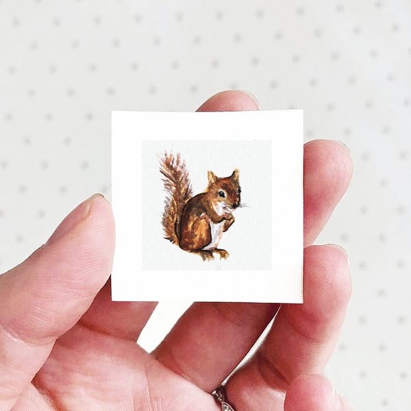 Mini 1" Squirrel Animal Print Tiny Watercolor  Art PRINT