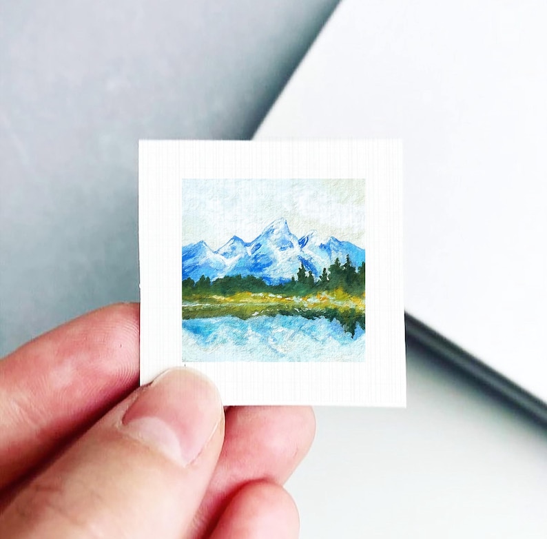 Miniature Grand Tetons National Park Wyoming Art PRINT - Tiny Gouache 1-Inch Mini Wall Decor image 1