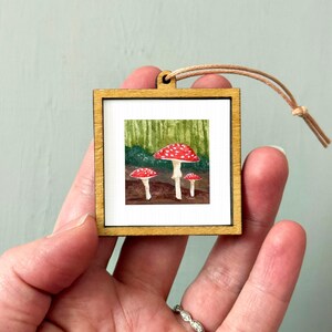 Miniature Red Mushroom Amanita muscaria Toad Art PRINT - Tiny Watercolor 1-Inch Mini Wall Decor Dangling Frame