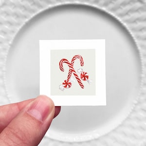 Mini 1&quot; Candy Cane Christmas Winter Peppermint Holiday Ornament Print Tiny Watercolor  Art PRINT
