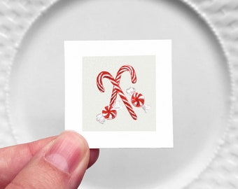 Mini 1" Candy Cane Christmas Winter Peppermint Holiday Ornament Print Tiny Watercolor  Art PRINT