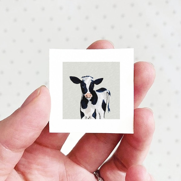 Mini 1" Cow Animal Print Tiny Watercolor  Art PRINT