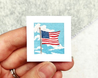 Mini 1" American USA Flag Independence Day Print Tiny Watercolor  Art PRINT