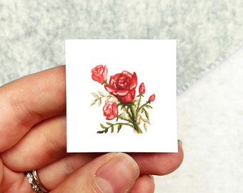 Mini 1" Red Wild Rose Valentine's Day Flower Floral Bouquet Print Tiny Watercolor  Art PRINT