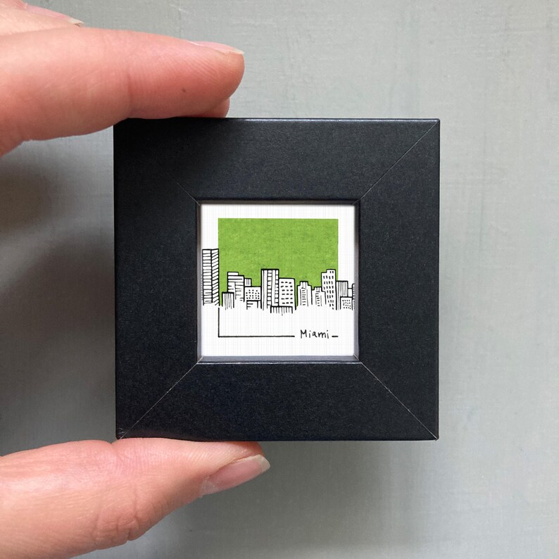 Miniature Miami, Florida Skyline Art PRINT - Tiny City Watercolor 1.5-Inch Mini Wall Decor Black Frame
