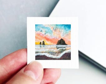 Miniature Cannon Beach Oregon Art PRINT - Tiny Gouache 1-Inch Mini Wall Decor