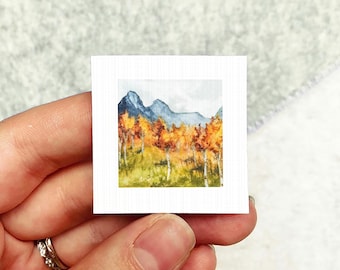 Miniature Autumn Aspen Mountain Art PRINT - Tiny Watercolor 1-Inch Mini Wall Decor