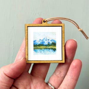 Miniature Grand Tetons National Park Wyoming Art PRINT - Tiny Gouache 1-Inch Mini Wall Decor Dangling Frame
