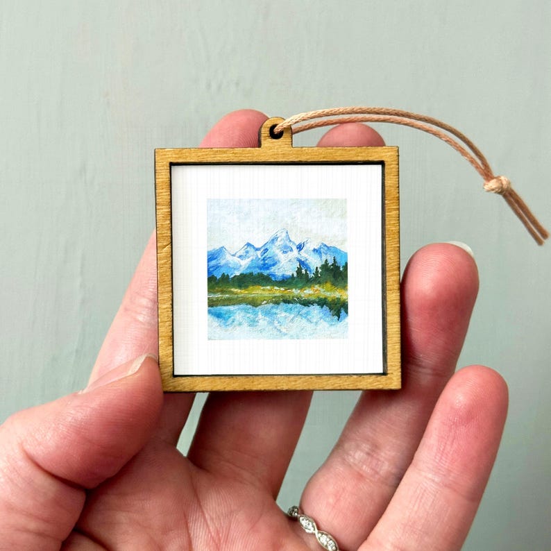 Miniature Grand Tetons National Park Wyoming Art PRINT - Tiny Gouache 1-Inch Mini Wall Decor Dangling Frame