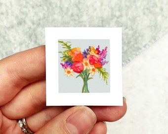 Mini 1" Spring Flowers Daffodils Peony Roses Print Tiny Watercolor  Art PRINT