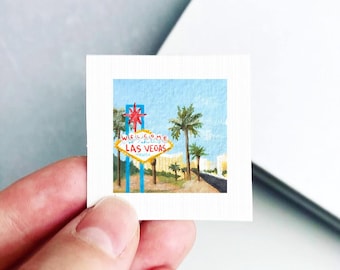 Miniature Las Vegas Nevada Art PRINT - Tiny Gouache 1-Inch Mini Wall Decor