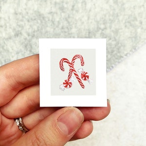 Mini 1&quot; Candy Cane Christmas Winter Peppermint Holiday Ornament Print Tiny Watercolor  Art PRINT