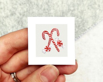 Mini 1" Candy Cane Christmas Winter Peppermint Holiday Ornament Print Tiny Watercolor  Art PRINT