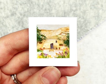 Mini 1&quot; Empty Tomb Christ Easter Christian Cross Crucifixion Art Tiny Watercolor  Art PRINT