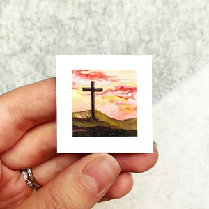 Mini 1&quot; Cross Christ Easter Christian Crucifixion Art Tiny Watercolor  Art PRINT