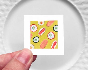 Mini 1" Sushi Seafood Shrimp California Roll Food Kitchen Dining Room Decor Print Tiny Gouache  Art PRINT