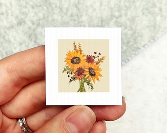 Miniature Autumn Flowers Art PRINT - Tiny Sunflower Watercolor 1-Inch Mini Wall Decor