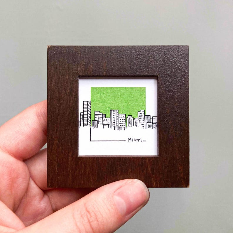 Miniature Miami, Florida Skyline Art PRINT - Tiny City Watercolor 1.5-Inch Mini Wall Decor Wooden Wall Frame