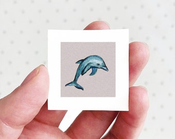 Mini 1" Dolphin Sea Animal Print Tiny Watercolor  Art PRINT