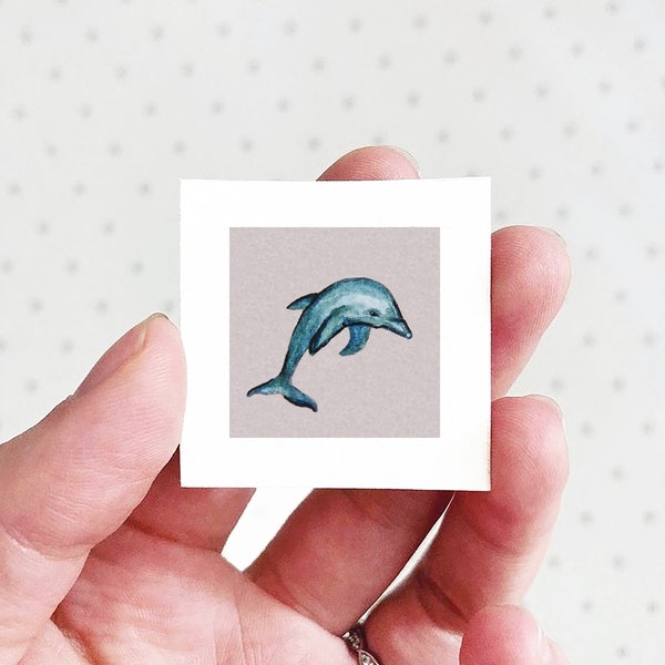 Mini 1" Dolphin Sea Animal Print Tiny Watercolor  Art PRINT