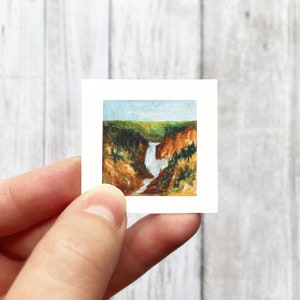 Mini 1" Waterfall Yellowstone Falls Print Tiny Watercolor Landscape  Art PRINT