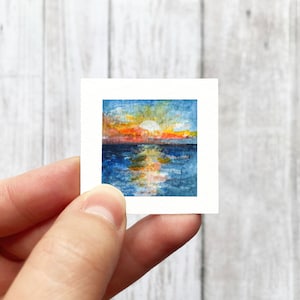 Mini 1&quot; Ocean Sunrise Sunset Sea Print Tiny Watercolor Landscape  Art PRINT