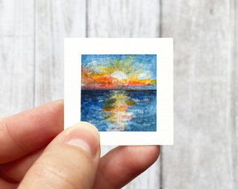 Mini 1&quot; Ocean Sunrise Sunset Sea Print Tiny Watercolor Landscape  Art PRINT