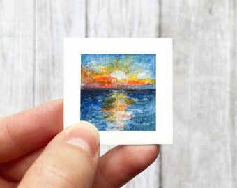 Mini 1" Ocean Sunrise Sunset Sea Print Tiny Watercolor Landscape  Art PRINT