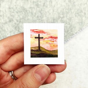 Miniature Cross Christ Easter Christian Crucifixion Art PRINT - Tiny Watercolor 1-Inch Mini Wall Decor