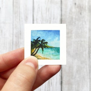 Mini 1&quot; Palm Tree Tropical Beach Tiny Watercolor Landscape  Art PRINT