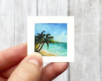 Mini 1&quot; Palm Tree Tropical Beach Tiny Watercolor Landscape  Art PRINT