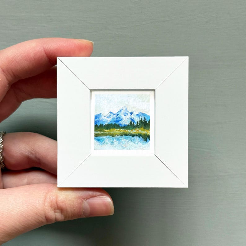 Miniature Grand Tetons National Park Wyoming Art PRINT - Tiny Gouache 1-Inch Mini Wall Decor White Frame