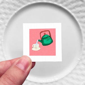 Miniature Tea Teapot Herbal Black Green Art PRINT - Tiny 1-Inch Mini Kitchen Wall Decor