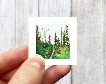 Mini 1" Pine Tree Forest Path Woods Tiny Watercolor Landscape  Art PRINT