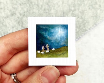 Miniature Shepherds Nativity Art PRINT - Tiny Christmas Watercolor 1-Inch Mini Wall Decor Ornament