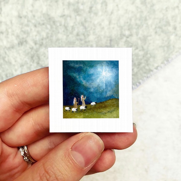 Miniature Shepherds Nativity Art PRINT - Tiny Christmas Watercolor 1-Inch Mini Wall Decor Ornament