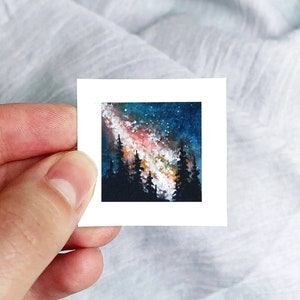 Mini 1" Galaxy Forest Pine Trees Milky Way Tiny Watercolor Landscape  Art PRINT