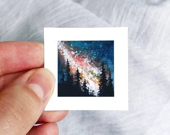 Mini 1&quot; Galaxy Forest Pine Trees Milky Way Tiny Watercolor Landscape  Art PRINT