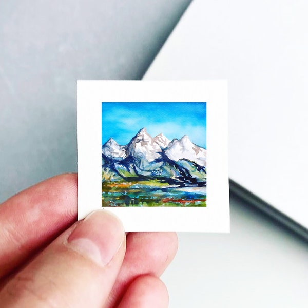 Mini 1" Grand Tetons National Park Wyoming Print Tiny Watercolor Mountain Peak  Art PRINT